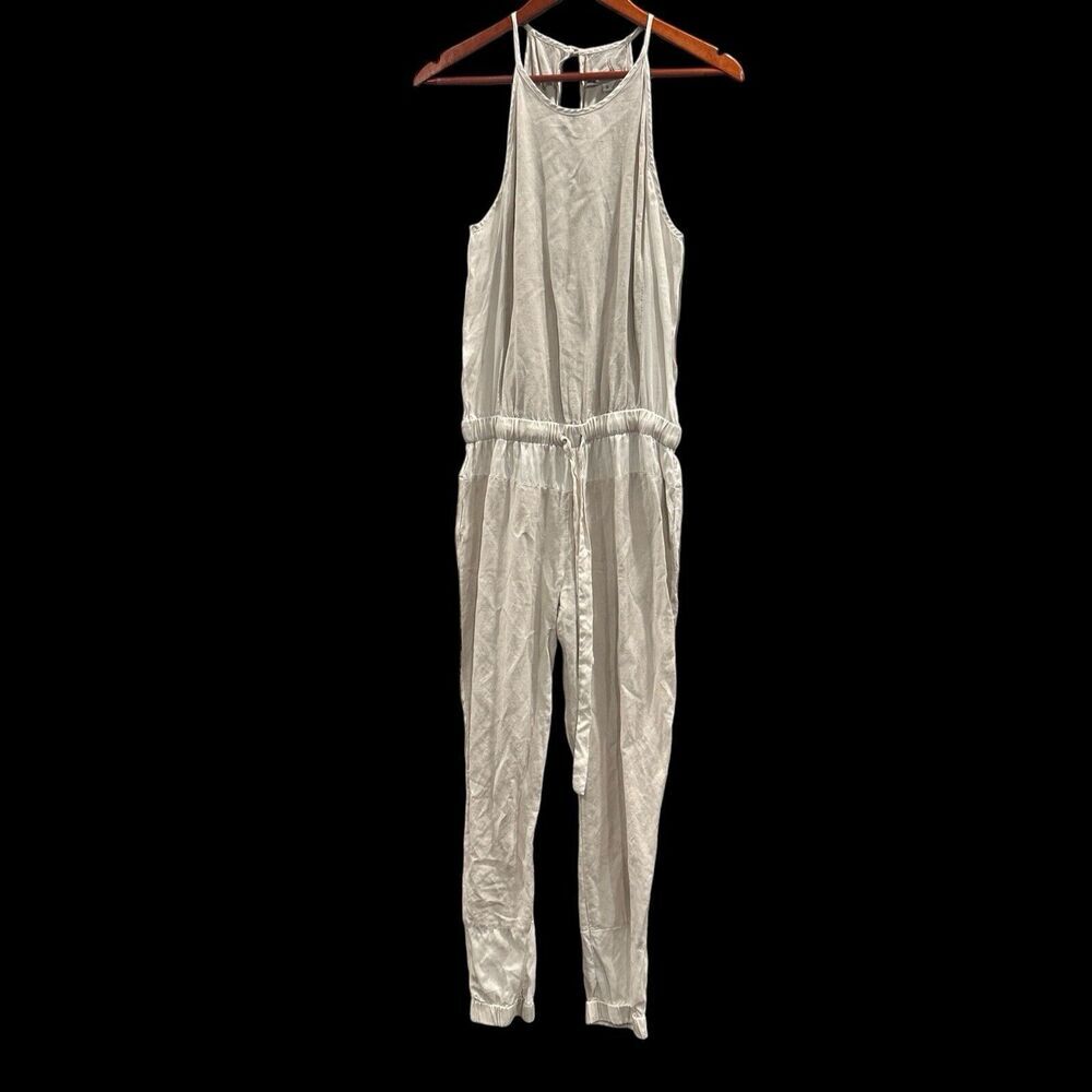 YFB Womens Linen Woven Drawstring Waist Sleeveless Jumpsuit Beige Size Small